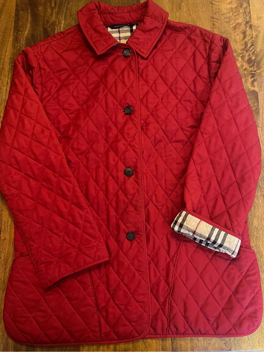Burberry Quilted Red Lightweight Jacket with Check Cuff